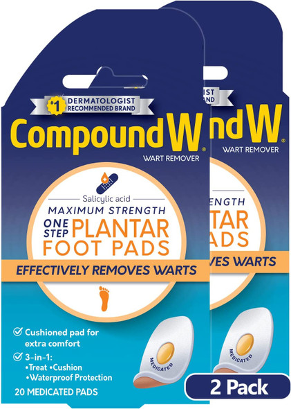 Compound W Maximum Strength One Step Plantar Wart Remover Foot Pads 20 CT 2 Pack