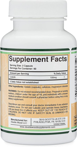 Luteolin Supplement 100mg Servings 120 Capsules Manufactured in The USA Potent Polyphenols Flavonoid for Brain and Cardiovascular Support by Double Wood Supplements