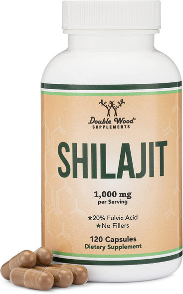 Shilajit Resin Capsules 20 Fulvic Acid Supplement 1000mg per Serving 120 Count No Fillers Manufactured in The USA by Double Wood Supplements