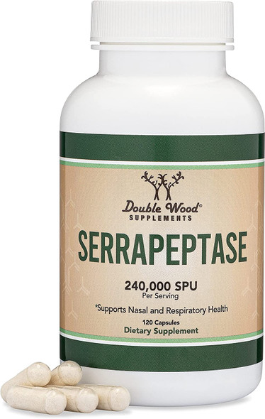 Serrapeptase 240000 SPU Max Potency 120 Vegan Capsules Proteolytic Enzyme for Sinus Respiratory and Joint Health Manufactured and Tested in The USA by Double Wood Supplements