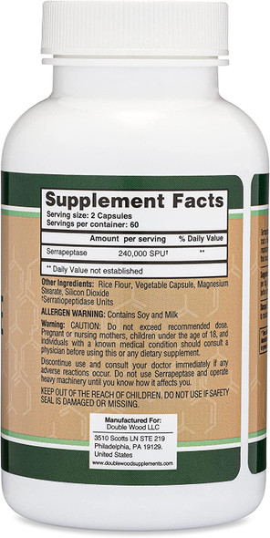 Serrapeptase 240000 SPU Max Potency 120 Vegan Capsules Proteolytic Enzyme for Sinus Respiratory and Joint Health Manufactured and Tested in The USA by Double Wood Supplements