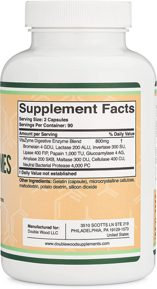 Digestive Enzymes  800mg Blend of All 10 Most Essential Digestive and Pancreatic Enzymes Amylase Lipase Bromelain Lactase Papain Protease Cellulase Maltase Invertase by Double Wood