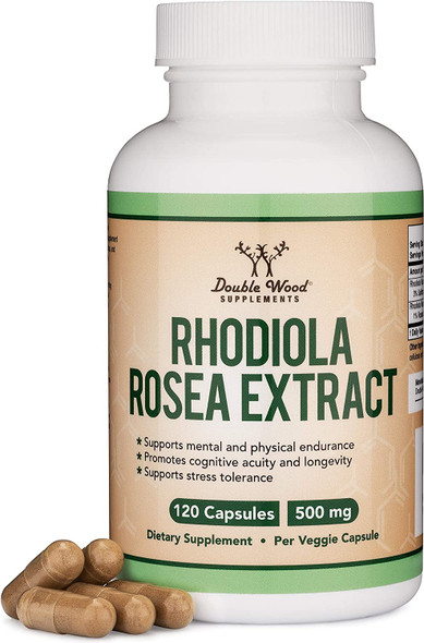 Rhodiola Rosea Supplement 500mg 120 Vegan Capsules Manufactured and Tested in The USA 3 Salidrosides 1 Rosavins Extract for Calming and Motivation by Double Wood Supplements