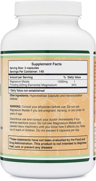 Magnesium Malate Capsules 420 Count  1500mg Per Serving Magnesium Bonded to Malic Acid Third Party Tested Vegan Friendly Gluten Free Manufactured in The USA by Double Wood Supplements