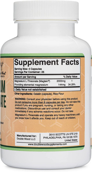 Magnesium LThreonate Capsules Original Magtein Formula  Patented and Clinically Studied  High Absorption  Bioavailable Form for Cognitive Function and Sleep Support  2000 mg  100 Capsules