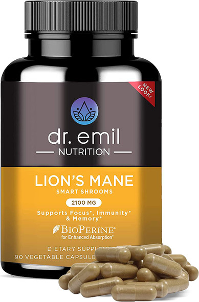 Dr. Emil Nutrition Organic Brain Boosting Nootropic Lions Mane Mushroom Capsules with Absorption Enhancers and Immune Support  Lions Mane Mushroom Supplement with 100 Organic Lions Mane Extract