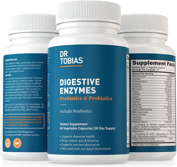 Dr. Tobias Digestive Enzymes with Probiotics and Prebiotics Plus Postbiotics Bromelain Amylase Lipase For Better Digestion  Immune Function Plantbased Formula 60 Capsules 30 Servings 2 Daily