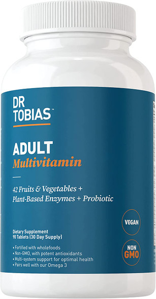 Dr. Tobias Adult Multivitamin Supplement with 42 Fruits  Vegetables Added Probiotics Vegan NonGMO daily vitamin for women  men Supports Energy Metabolism  Immune System 90 Capsules 3 Daily