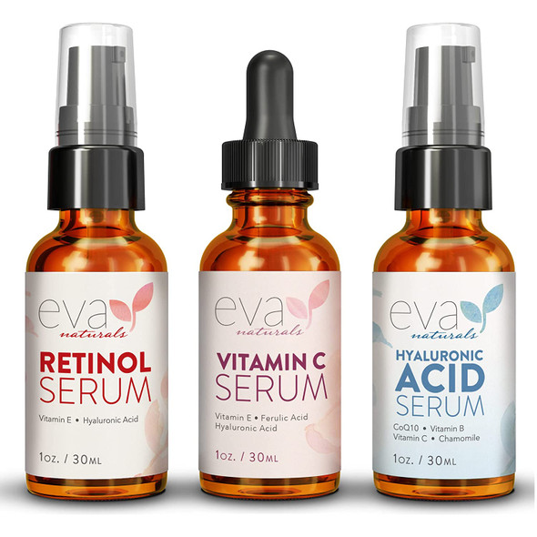 Eva Naturals AntiAging Serum Bundle  Vitamin C Serum Hyaluronic Acid Serum and Retinol Serum  Facial Skin Care Products  Hydrate Wrinkles Lines  Acid Serum Vitamin C Serum Serum for Face