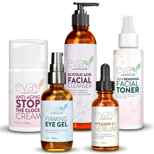 Eva Naturals Rewind Time Bundle  Vitamin C Plus Serum 1oz Eye Gel 2oz Stop the Clock Moisturizing Cream 1.7oz Glycolic Acid Cleanser 6oz AllinOne Skin Renewing Facial Toner 4oz