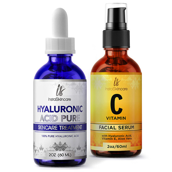 InstaSkincare Glow Effect and Moisturizing Bundle  Hyaluronic Acid Serum for Face 2Oz  Vitamin C Serum 2Oz