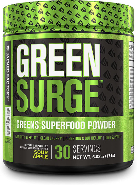 Green Surge Green Superfood Powder Supplement  Keto Friendly Greens Drink w/Spirulina Wheat  Barley Grass Organic Greens  Green Tea Extract Probiotics  Digestive Enzymes  Sour Apple  30sv