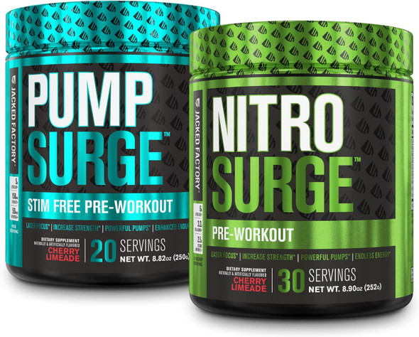 Nitrosurge PreWorkout  Pumpsurge CaffeineFree PreWorkout  Morning  Night Bundle for Increased Focus Stamina Endless Energy  Powerful Pumps  Cherry Limeade Flavor