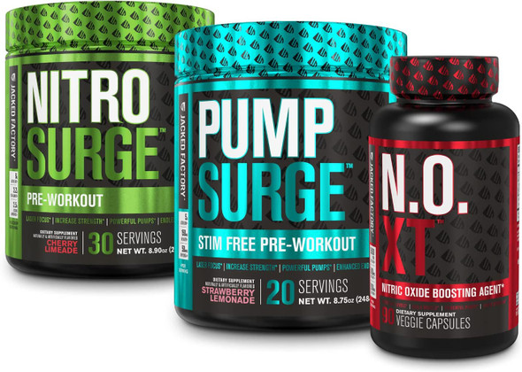 Pre Workout with Best Pump  Pumped Up Bundle Nitrosurge PreWorkout Pumpsurge Caffeine Free PreWorkout N.O. XT Nitric Oxide Booster