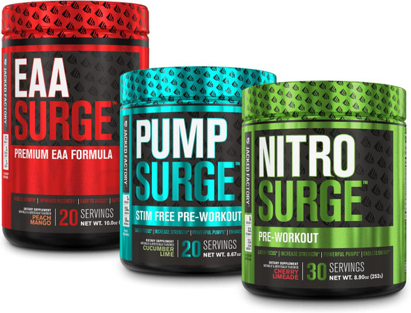 Nitrosurge  Pumpsurge PreWorkout  EAA Surge Essential Amino Acids Bundle  for Increased Focus Strength Energy Powerful Pumps  Muscle Recovery