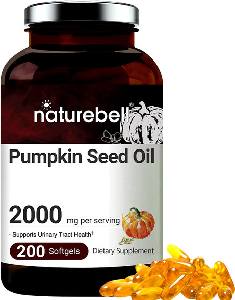 Double Strength Virgin Pumpkin Seed Oil Capsules 2000mg Per Serving 200 Softgels Cold Pressed Rich in Omega 3 6 Essential Fatty Acids Prostate  Bladder Supplements for Men and Women No GMOs