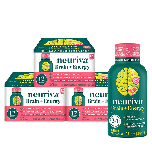 NEURIVA Brain  Energy Supplement with Clinically Tested Neurofactor For Focus  Concentration Vitamin B12  150mg of Caffeine For An Immediate Energy Boost 36ct Strawberry Lemonade Shots