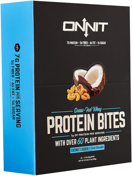 Onnit Protein Bites Chocolate Coconut Cashew  Box of 24  Made with Grass Fed Whey  over 60 Plant Ingredients  7g Protein Per Bar