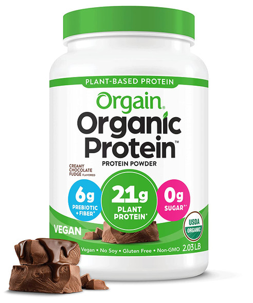 Orgain Organic Vegan Protein Powder Creamy Chocolate Fudge  21g of Plant Based Protein Low Net Carbs Non Dairy Gluten Free No Sugar Added Soy Free Kosher NonGMO 2.03 Lb Packaging May Vary