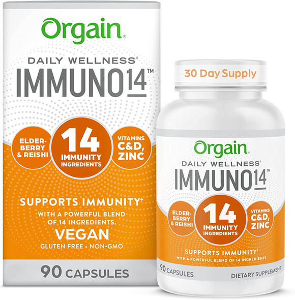 Orgain Immune Support Supplement with Vitamin C D Zinc 14 Plant Based Immunity Ingredients  Elderberry Acerola Cherry and Organic Mushroom Blend  1 Month Supply 90 Capsules