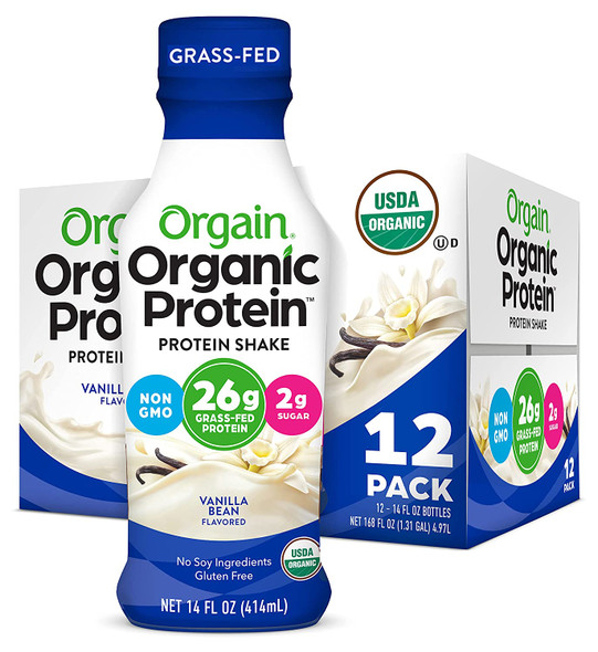 Orgain Organic 26g Grass Fed Whey Protein Shake Vanilla Bean  Meal Replacement Ready to Drink Low Net Carbs No Sugar Added Gluten Free NonGMO 14 Fl Oz Pack of 12 Packaging May Vary