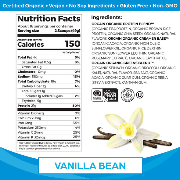 Orgain Organic Protein  Greens Vegan Protein Powder Vanilla Bean  21g of Plant Based Protein Gluten Free NonGMO 1.94 Pound 1 Count Packaging May Vary