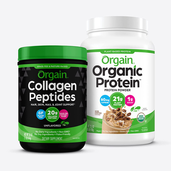 Orgain Grass Fed Hydrolyzed Collagen Peptides Protein Powder with Orgain Organic Plant Based Protein Powder Iced Coffee
