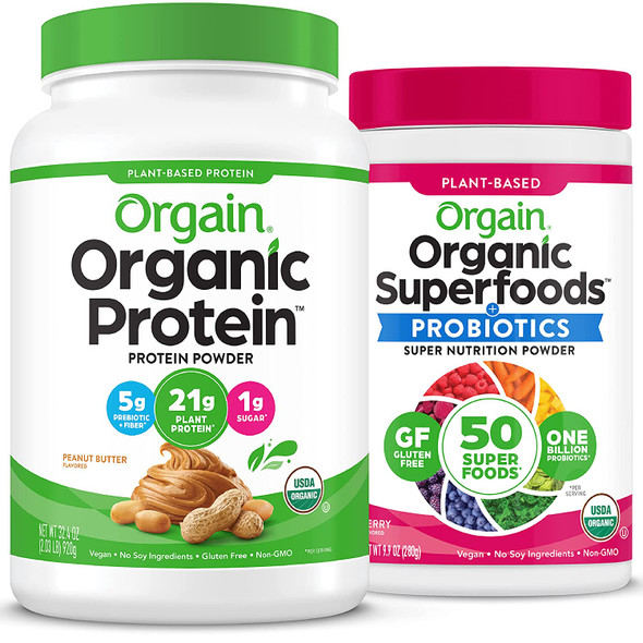 Orgain Bundle  Berry Superfoods Powder and Peanut Butter Protein Powder  Made without Gluten NonGMO