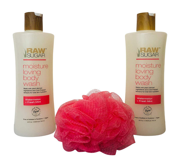 Raw Sugar Body Wash Bundle 2 Watermelon and Mint Body washes 25 oz.  Color coordinated Loofah