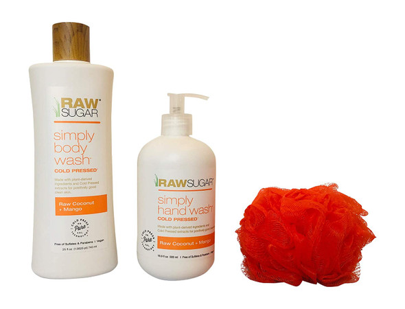 Raw Sugar Raw Coconut  Mango Hand  Body Wash Bundle 1 Body Washes 25 oz.  1 Hand soap  16.9 oz.  Color coordinated Loofah