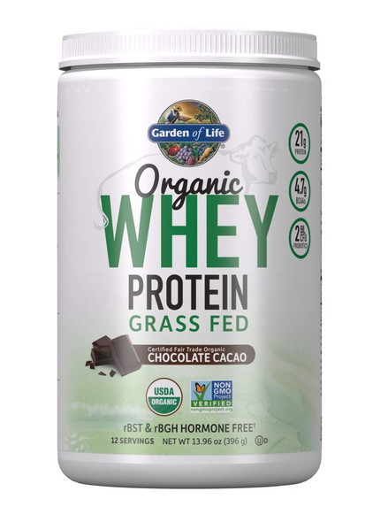 Garden of Life Certified Organic Grass Fed Whey Protein Powder - Chocolate, 12 Servings - 21g California Grass Fed Protein plus Probiotics, Non-GMO, Gluten Free, rBST & rBGH Free, Humane Certified