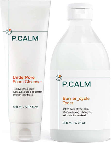 PCALM Calming Soothing Set Under Pore Gentle Foam Cleanser  Barrier Cycle Toner Chamomile Azulene Centella Asiatica Tea Tree KMX Ferment AcneProne Sensitive Irritated Skin Vegan Certified P.Calm