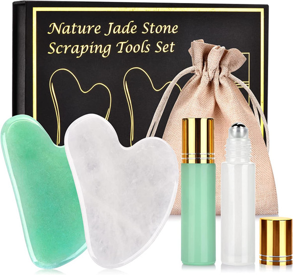 Natural Jade Stone Gua Sha Tool Set Gua Sha Massage Facial Tool Set with Oil Bottles Gua Sha Board for Face Eyes Body Skin Care Tool Reduce Wrinkles Lymphatic Drainage Face Lift GreenWhite