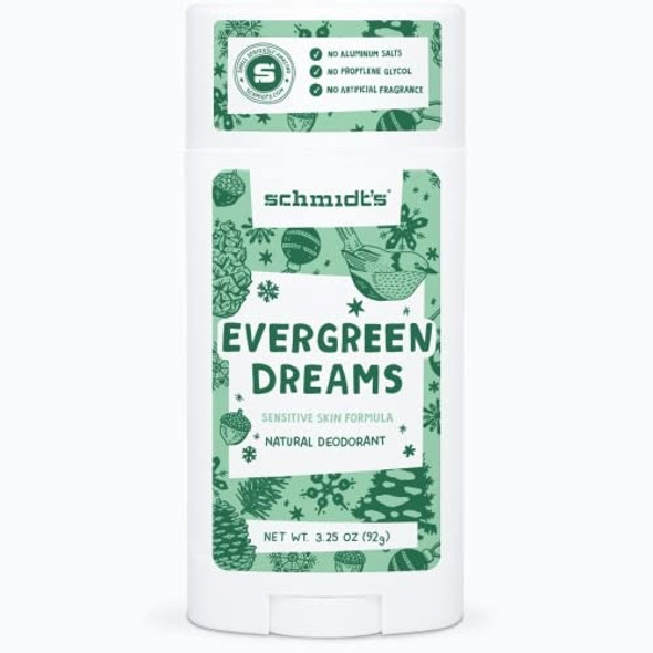 Schmidts Natural Deodorant for Women and Men Evergreen Dreams for Sensitive Skin 24 Hour Odor Protection Certified Natural Vegan Cruelty Free 3.25 oz Pack of 3