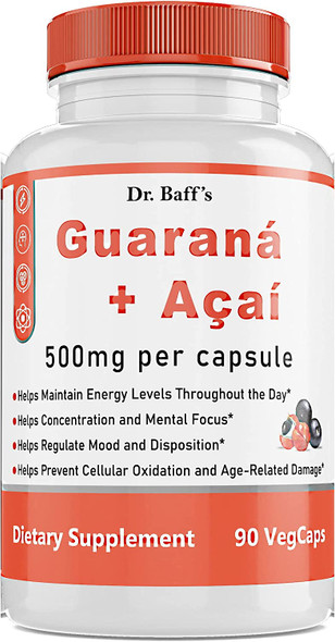 Guarana  Acai 500mg Natural Herbal Brazilian Energizer Supplement 90 Vegetarian Capsules by Dr. Baffs