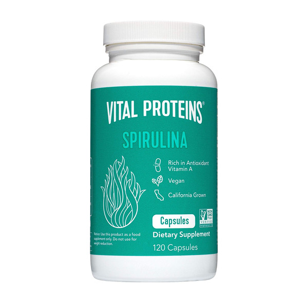 Spirulina Powder Pills 650mg 120 Capsules - Vital Proteins High in Vitamin A & K, Vegan Friendly A