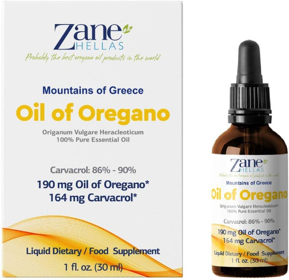 Zane Hellas 190 mg Oregano Oil164 mg Carvacrol per Serving4 Drops Daily. 100 Greek Undiluted Oil of Oregano. 8690 Min Carvacrol. Probably The Best Oregano Oil in The World. 1 fl. oz. 30ml