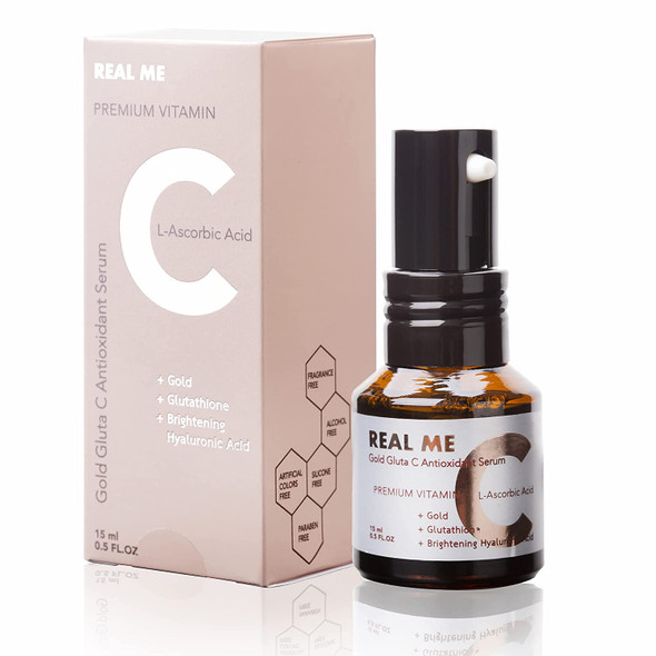 REAL ME Gold Gluta C Antioxidant Serum A Vitamin C Serum with Golden C for Hydration Antioxidants Discoloration Correcting Reducing Dark spotsFine Lines  Wrinkles Vegan Friendly NonGreasy Unisex For Sensitive and All Skin Types 0.5 fl oz.