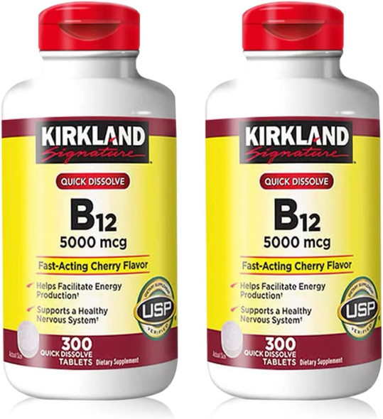 Kirkland Signature Expect More Quick Dissolve B12 5000 mcg 300 Tablets Vitamin B12 Support Helps Boost Natural Energy Benefit Brain  Heart Function 2 Pack