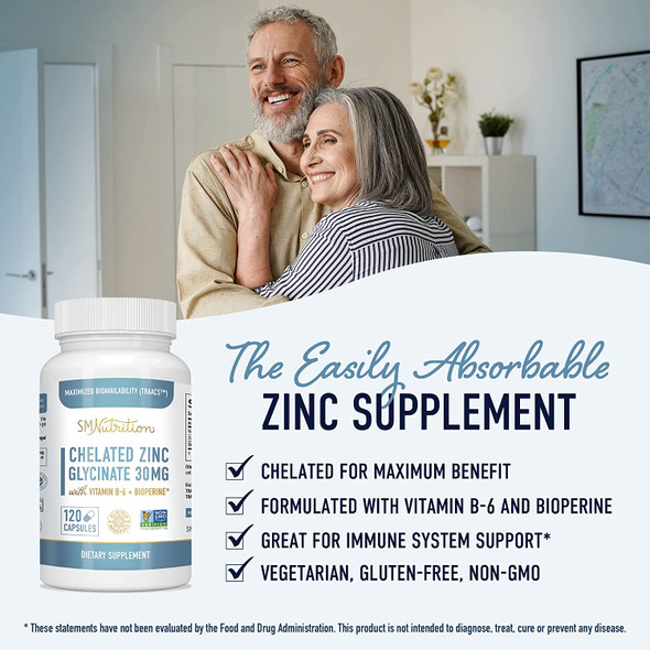 Chelated Zinc Supplements Zinc Glycinate 30 Mg 120 Capsules Highlyabsorbable Traacs Chelated Zinc Bisglycinate Vitamin B6  Bioperine Immune Support Acne  Metabolism Nongmo Glutenfree