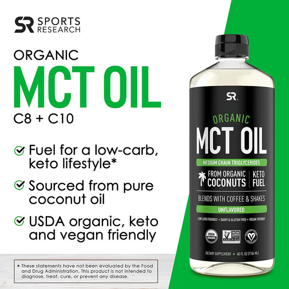 Sports Research Keto MCT Oil from Organic Coconuts Fatty Acid Fuel for Body  Brain Dual Ingredient C8 and C10 MCTs Perfect in Coffee Tea  More NonGMO  Vegan Unflavored 40 Oz