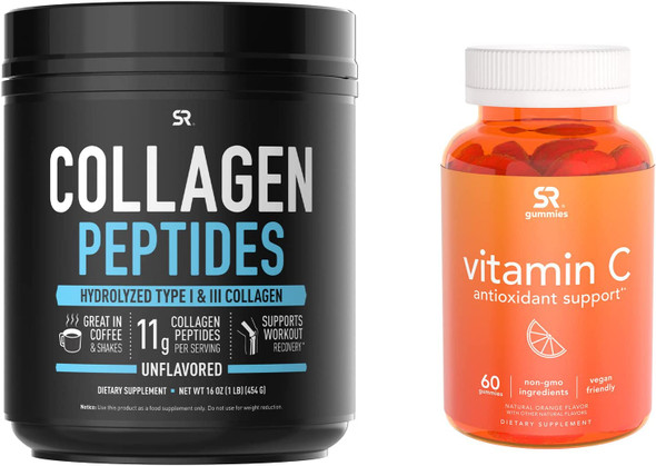 Sports Research Collagen Peptides Powder 16oz  Vitamin C Gummies 60ct Bundle