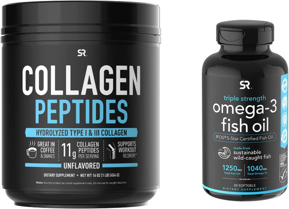 Sports Research Collagen Peptides 16oz  Omega3 Fish Oil 30ct Bundle