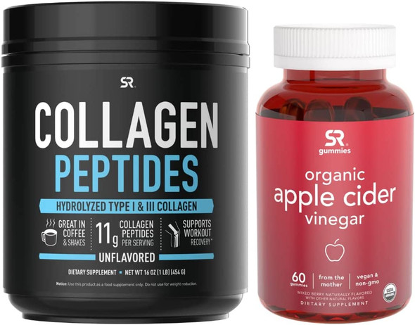 Sports Research Collagen Peptides Powder 16oz  Apple Cider Vinegar Gummies 60ct Bundle
