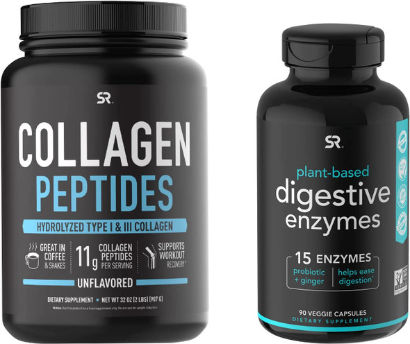 Sports Research Collagen Peptides 32oz  Digestive Enzymes 90ct Bundle