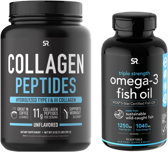 Sports Research Collagen Peptides 32oz  Omega3 Fish Oil 90ct Bundle