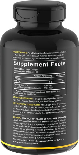 Max Potency CLA 1250 180 Softgels with 95 Active Conjugated Linoleic Acid  Weight Management Supplement for Men and Women  NonGMO Soy  Gluten Free