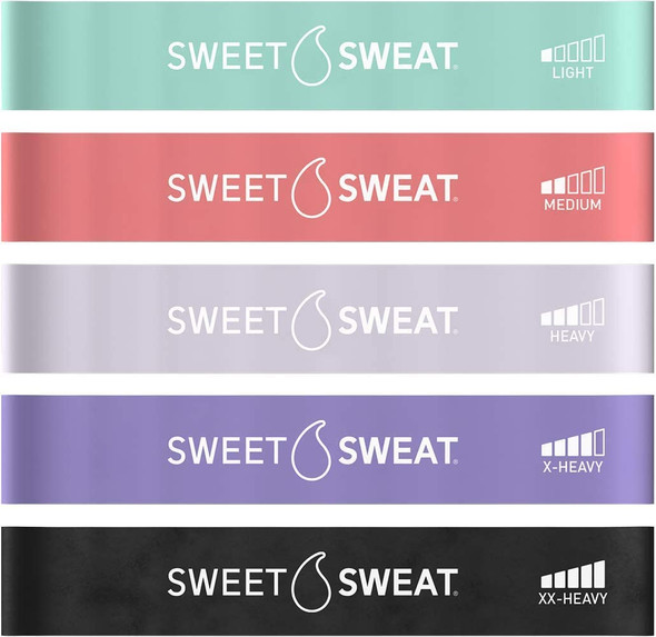 Sweet Sweat Mini Loop Resistance Bands Set of 5  Exercise Hip Booty Bands for Squats Lunges Physical Therapy Yoga Pilates Rehab and Home Workout  NonLatex Elastic Bands Includes CarryBag