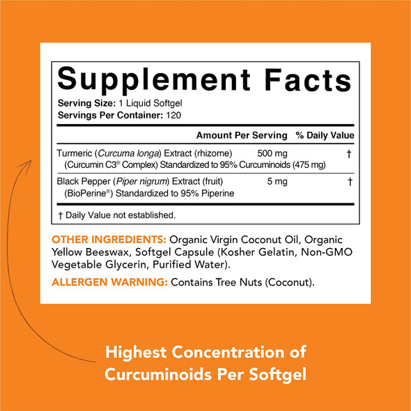 Turmeric Curcumin C3 Complex 500mg Enhanced with Black Pepper  Organic Coconut Oil for Better Absorption NonGMO  Gluten Free 120 Count