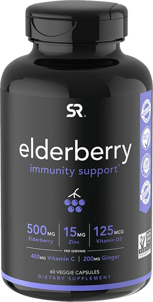 Sports Research Elderberry Immune Support with Zinc Vitamin C  D3 5000IU  Highest Extract 641 Equivalent 32000mg of Organic Elderberries  NonGMO Verified Gluten Free 60 Veggie Capsules